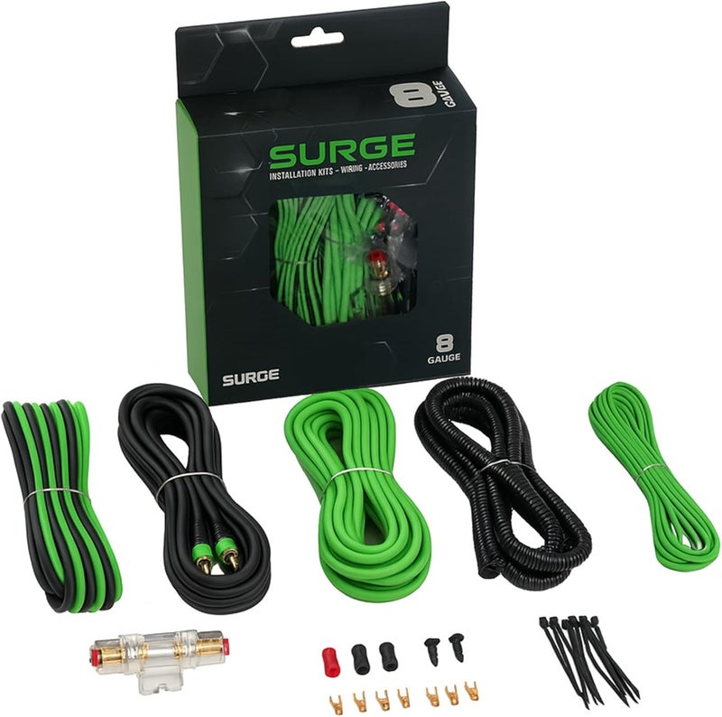 Surge طقم أسلاك مكبر الصوت 8 قياس – كابل طاقة أخضر بطول 20 قدم، كابل RCA بطول 20 قدم، سلك مكبر صوت بطول 30 قدم، حامل فيوز Mini-AGU، أنابيب مقسمة وإكسسوارات – طقم تركيب مكبر صوت السيارة - Image 1